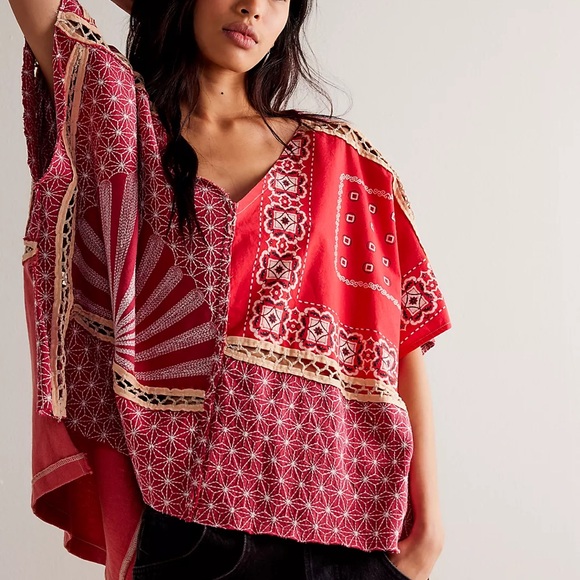 Free People We The Free Thunder Road Tee Red Cotton Embroidered Kimono Large - Picture 6 of 7